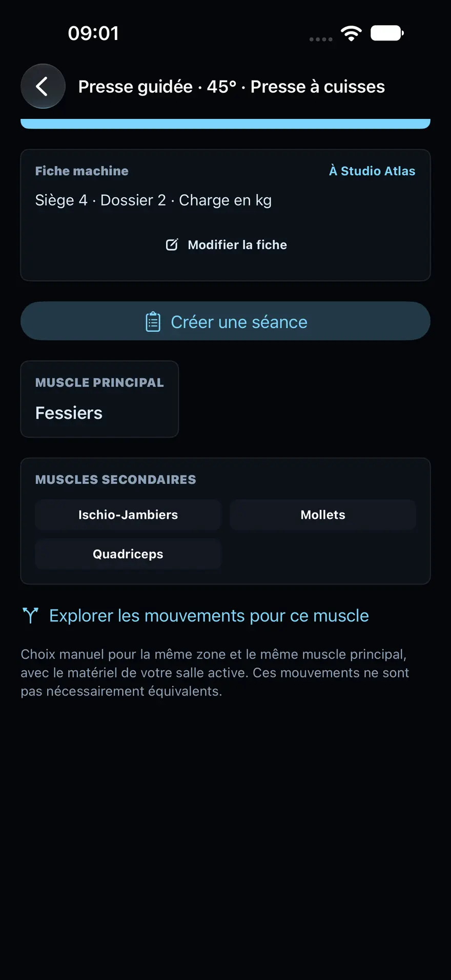 Fiche machine Presse guidée 45° dans MoveAtlas : réglages à Studio Atlas, siège 4, dossier 2, charge en kg, muscles principal et secondaires.