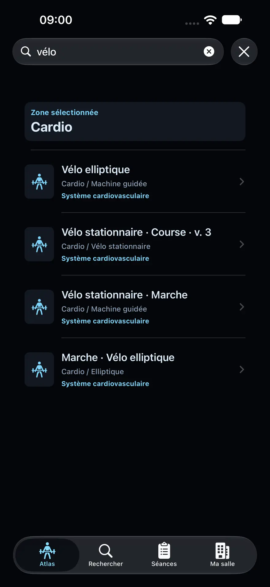 Recherche « vélo » dans MoveAtlas, zone Cardio : vélo elliptique, vélo stationnaire et les autres résultats, hors ligne.