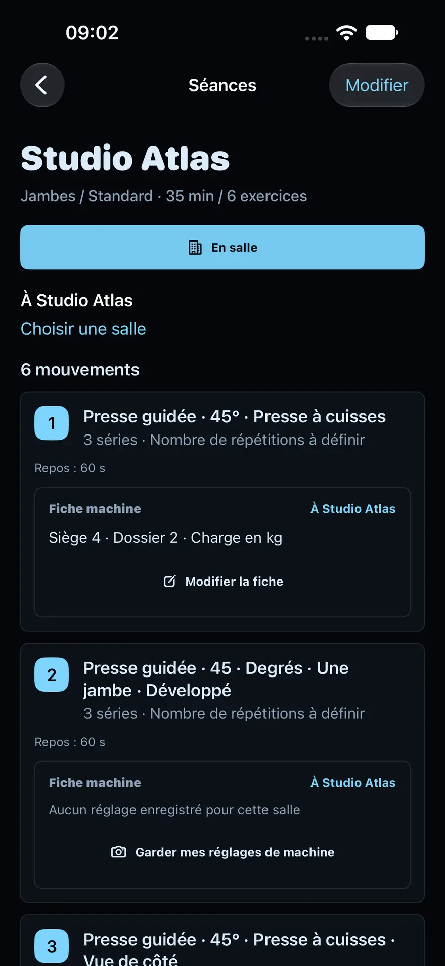 Séance Studio Atlas dans MoveAtlas : Jambes, 35 min, 6 exercices, bouton En salle, fiches machine dans la séance.