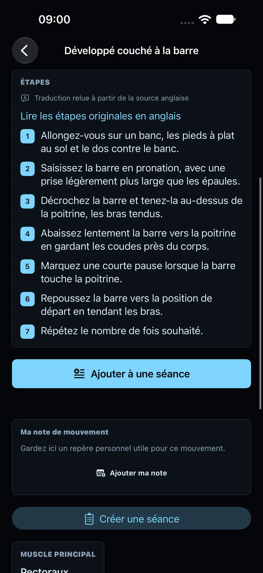 Fiche Développé couché à la barre dans MoveAtlas : étapes numérotées, Ajouter à une séance, note de mouvement.