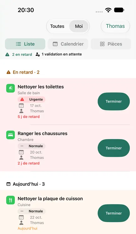 Liste des tâches dans NeatShift : tâches en retard et tâches du jour, avec leur pièce, leur date et la personne.