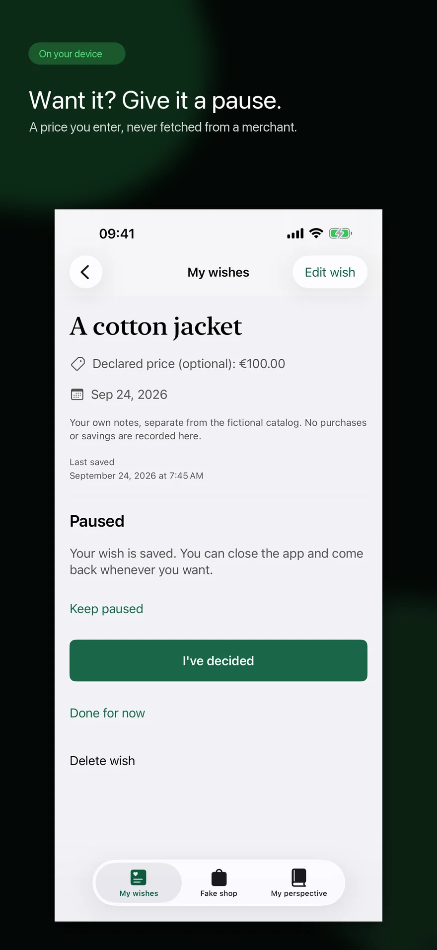 NoBuyCart screenshot showing a wish kept on pause
