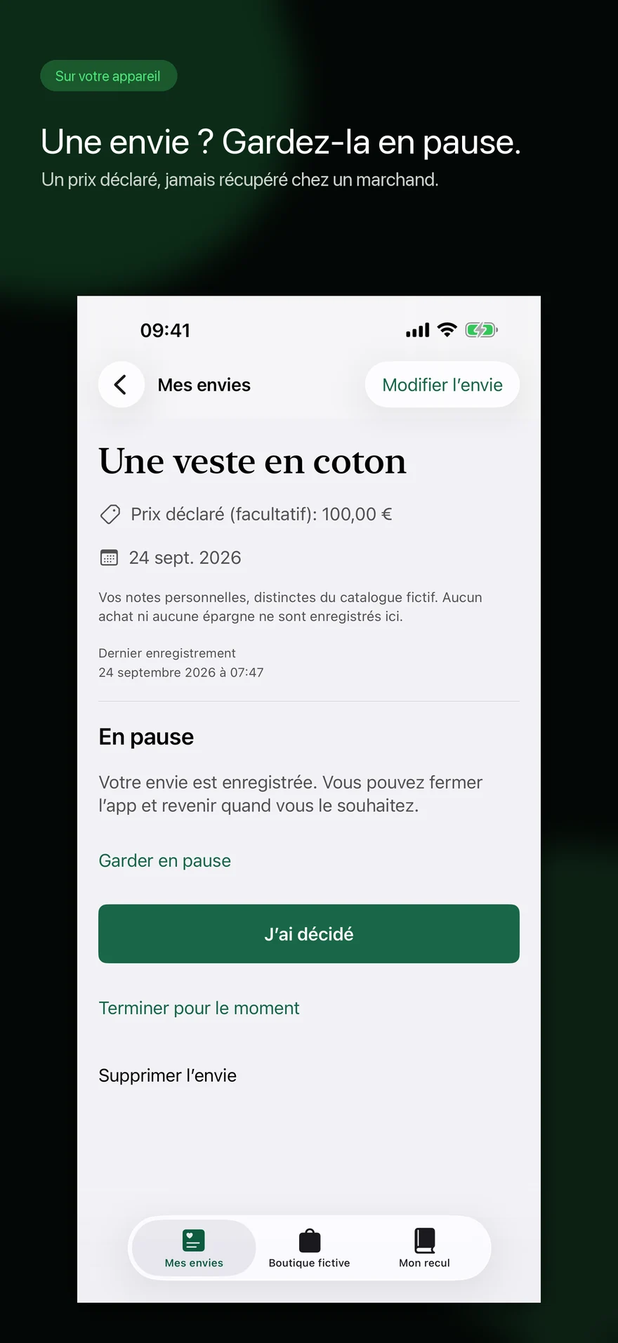 Capture de NoBuyCart montrant une envie en pause