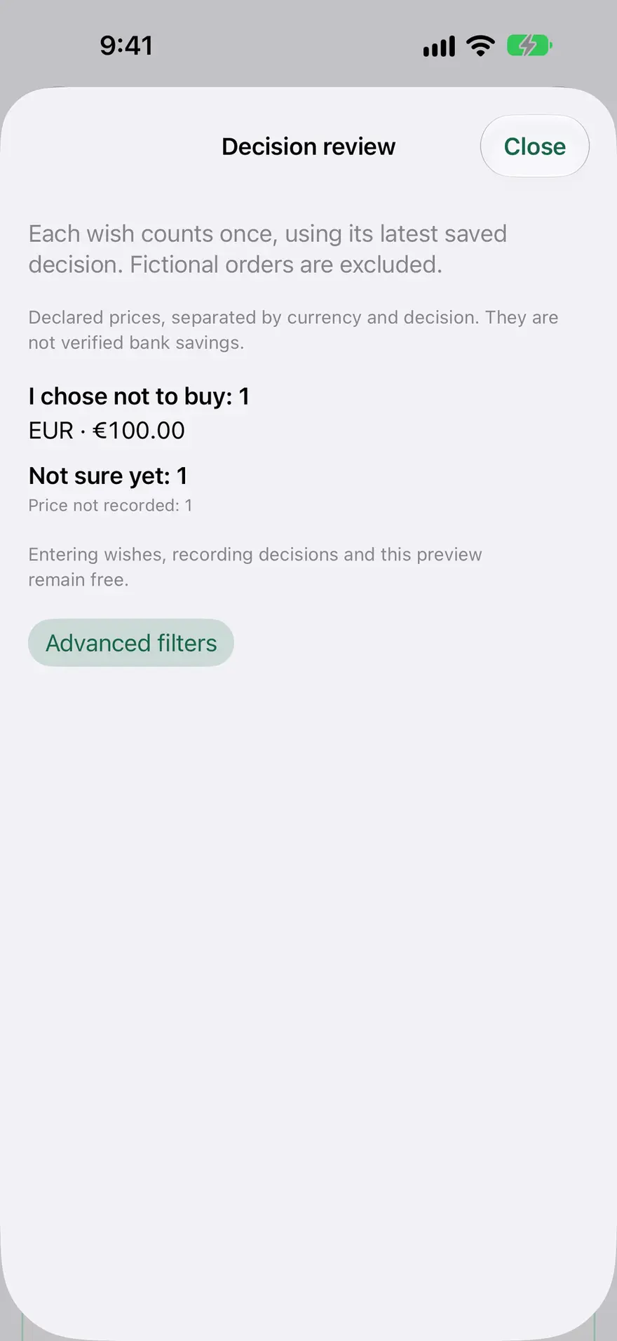 NoBuyCart 돌아보기. 입력한 금액이 통화와 결정별로 모여 있습니다. 이미지는 영어 화면입니다.