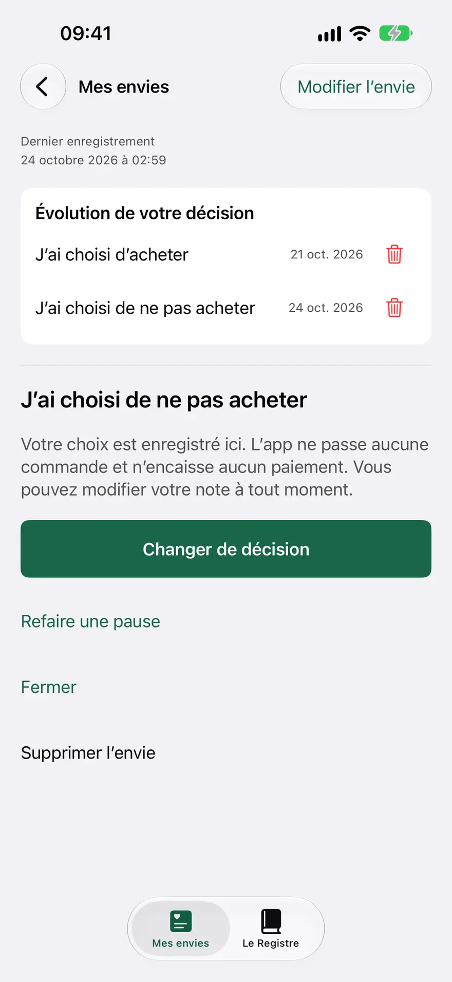 Historique d’une décision dans NoBuyCart, avec le bouton pour changer de décision.