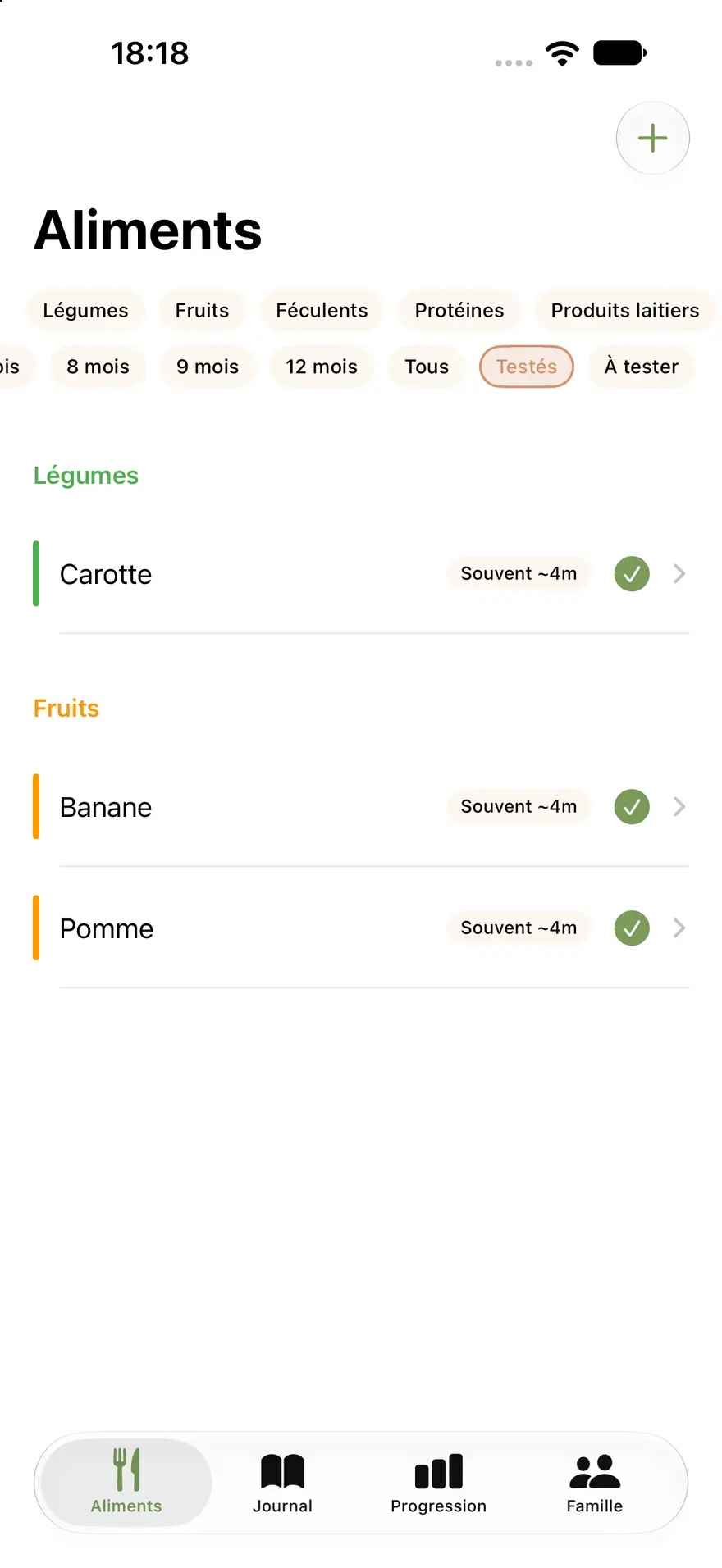 Écran Aliments de Petites Bouchées : filtre Légumes, carotte, banane et pomme, chacune avec la pastille Souvent ~4 m.