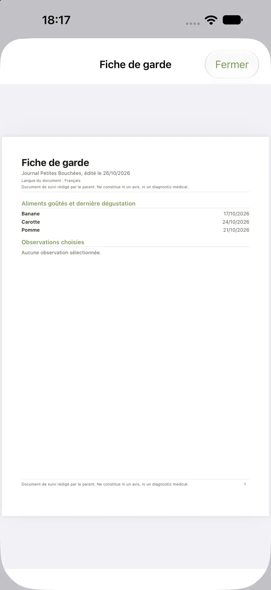 Fiche de garde de Petites Bouchées : banane le 17 octobre 2026, carotte le 24 octobre 2026, pomme le 21 octobre 2026. Document rédigé par le parent.