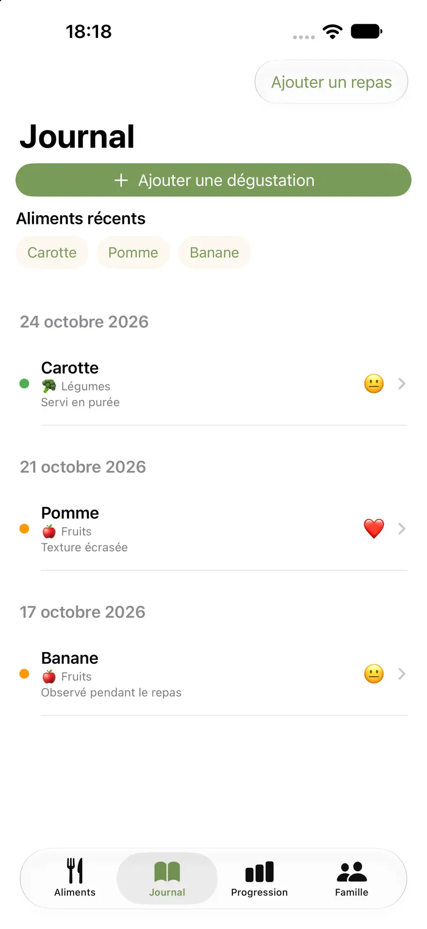Journal de Petites Bouchées. 24 octobre 2026 : carotte, servi en purée, réaction neutre. 21 octobre 2026 : pomme, texture écrasée, pas aimé. 17 octobre 2026 : banane, observé pendant le repas, réaction neutre. Bouton Ajouter une dégustation.
