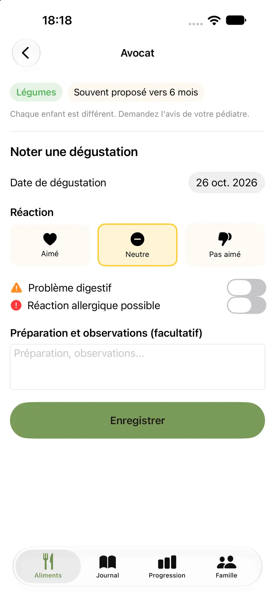 Saisie d’une dégustation d’avocat dans Petites Bouchées : date du 26 octobre 2026, réactions Aimé, Neutre et Pas aimé, problème digestif et réaction allergique possible.