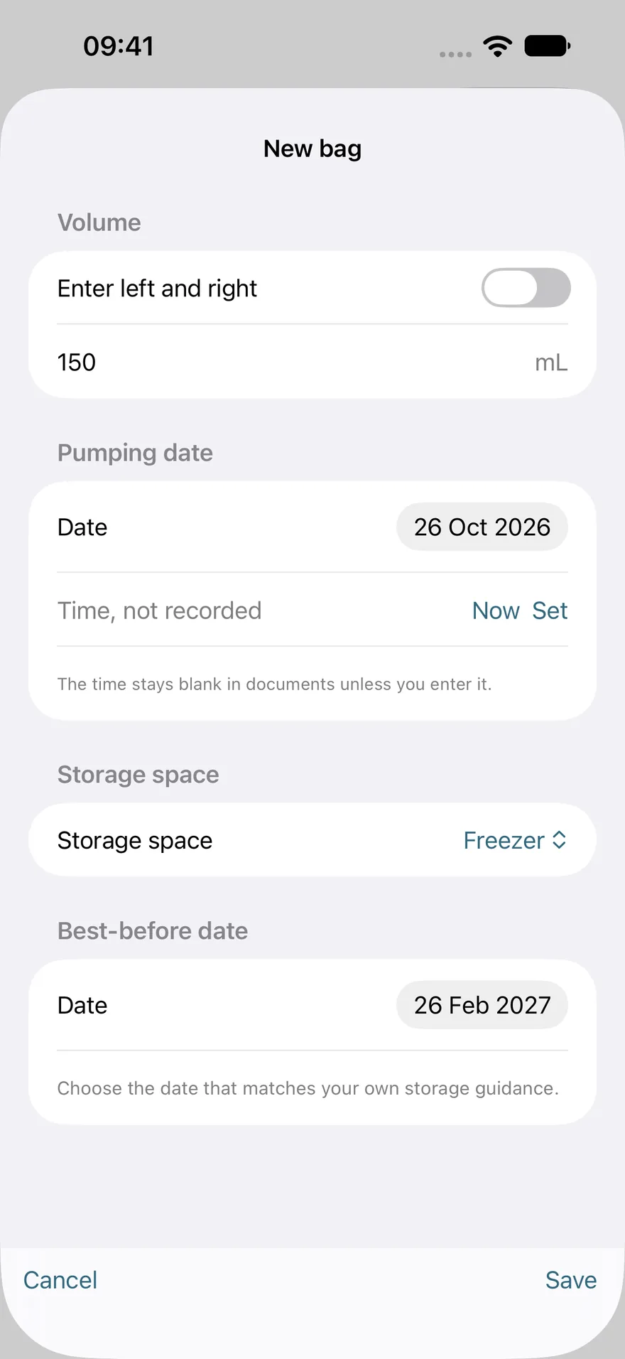 New bag screen in Petites Gouttes: volume with a left and right option, pumping date, storage space set to Freezer, and the use-by date.