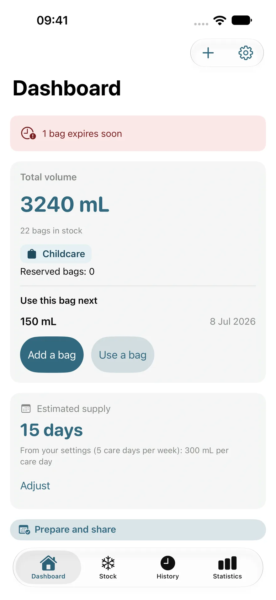 Petites Gouttes dashboard: one bag expires soon, 3,240 mL in 22 bags, the bag to use next and 15 days of supply.