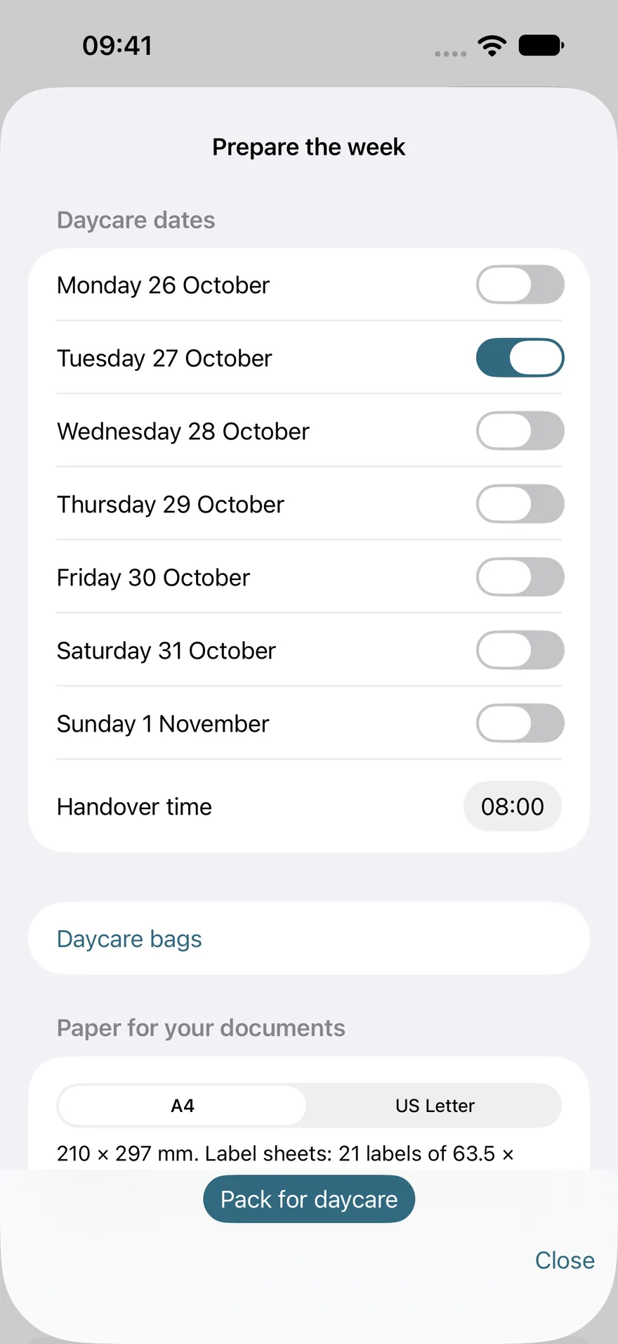 Prepare the week in Petites Gouttes: daycare dates with Tuesday selected, handover time 08:00, A4 or US Letter paper.