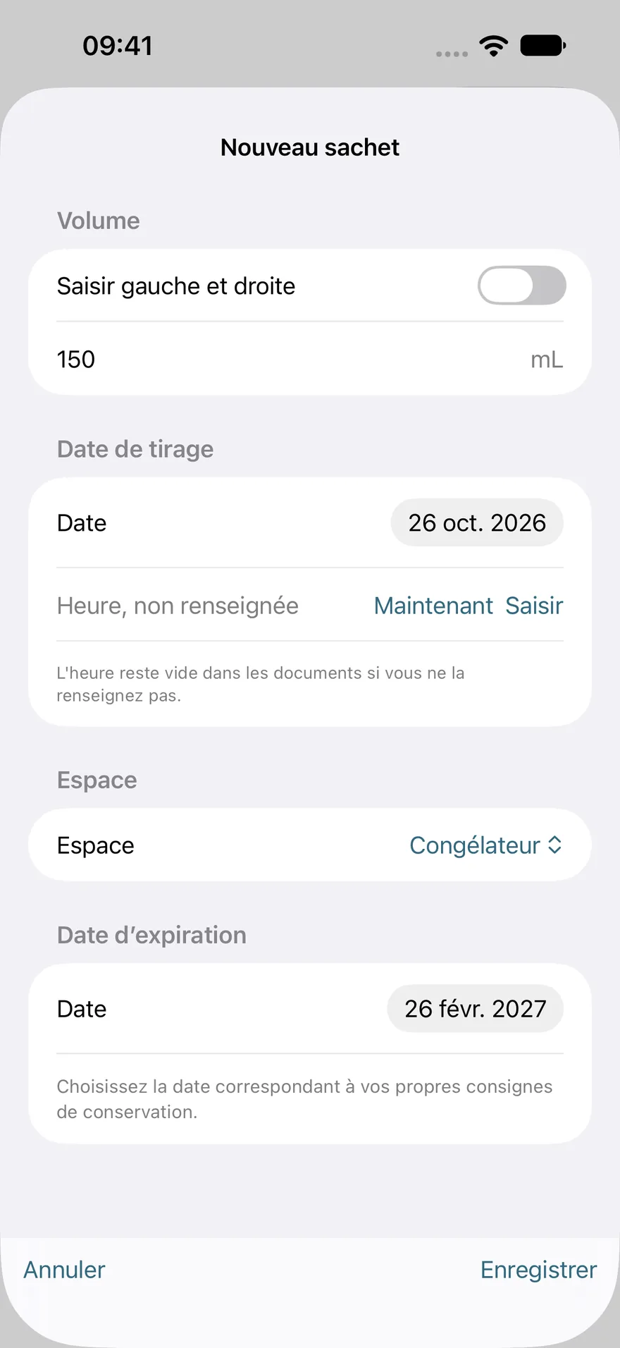 Écran Nouveau sachet de Petites Gouttes : volume avec l’option gauche et droite, date de tirage, espace Congélateur et date d’expiration.