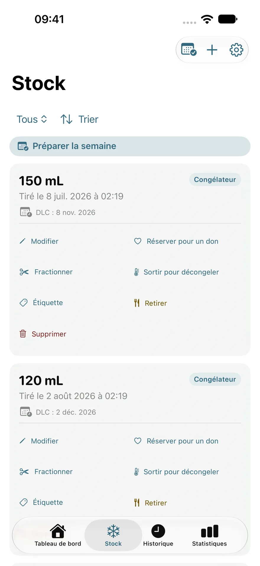 Écran Stock de Petites Gouttes : sachets de 150 et 120 mL au congélateur, avec leur date de tirage, leur DLC et les actions possibles.