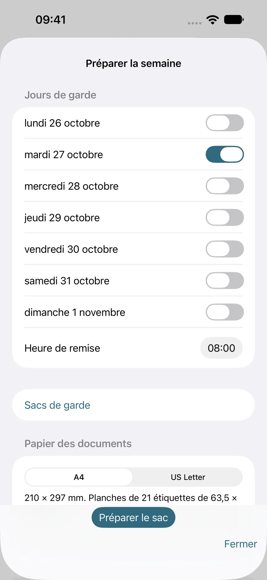 Préparer la semaine dans Petites Gouttes : jours de garde avec mardi sélectionné, heure de remise 08:00, papier A4 ou US Letter.