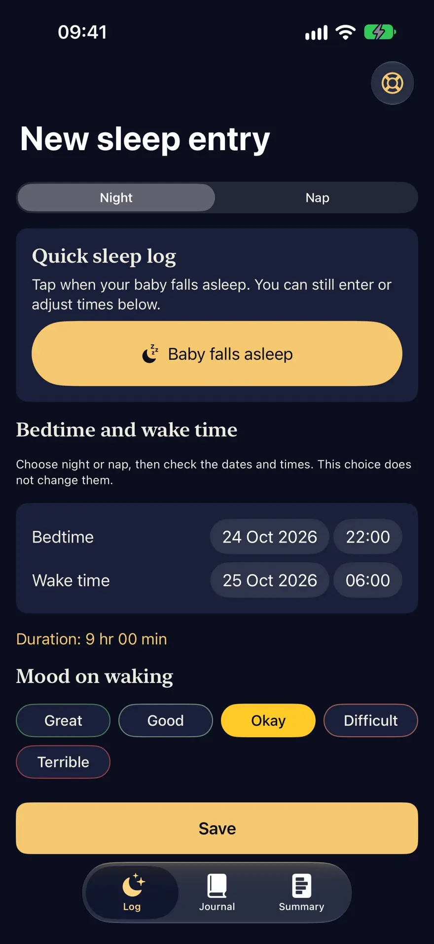 New sleep entry in Petites Nuits: night or nap, quick sleep log button, bedtime, wake time and mood on waking.