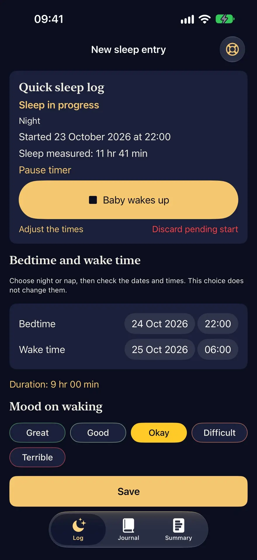 A night in progress in Petites Nuits, started at 22:00, with the Baby wakes up button.