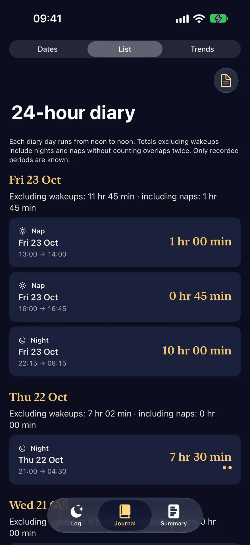 The 24-hour diary in Petites Nuits: naps and nights listed by day, with totals excluding wakeups.
