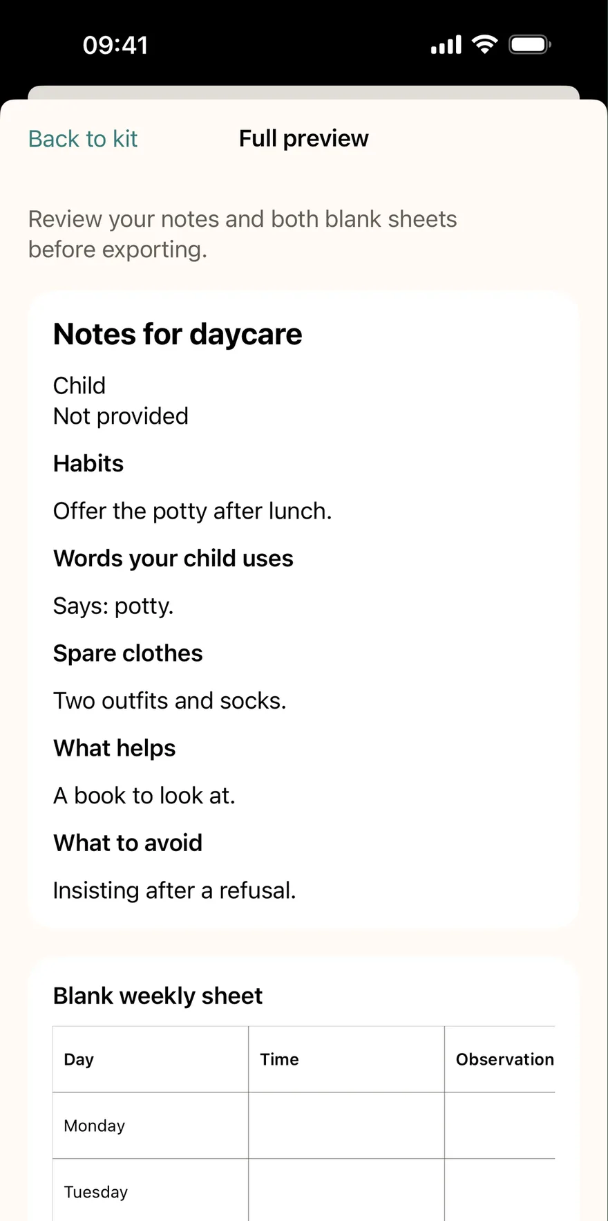 iPhone daycare notes: habits, the child’s words, spare clothes, what helps and what to avoid; name hidden.