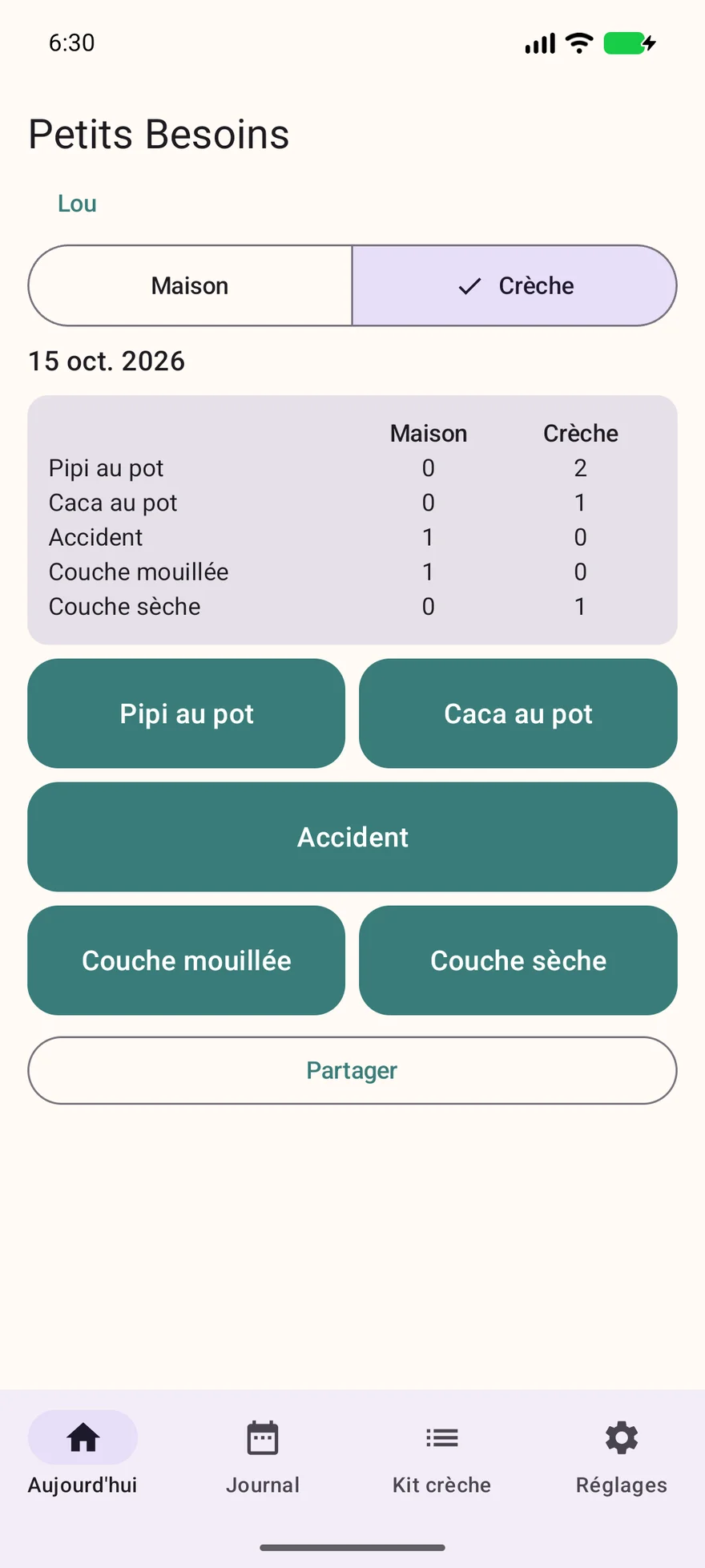 Aujourd’hui : les compteurs maison et crèche, puis les boutons pour noter le pot, un accident ou une couche.