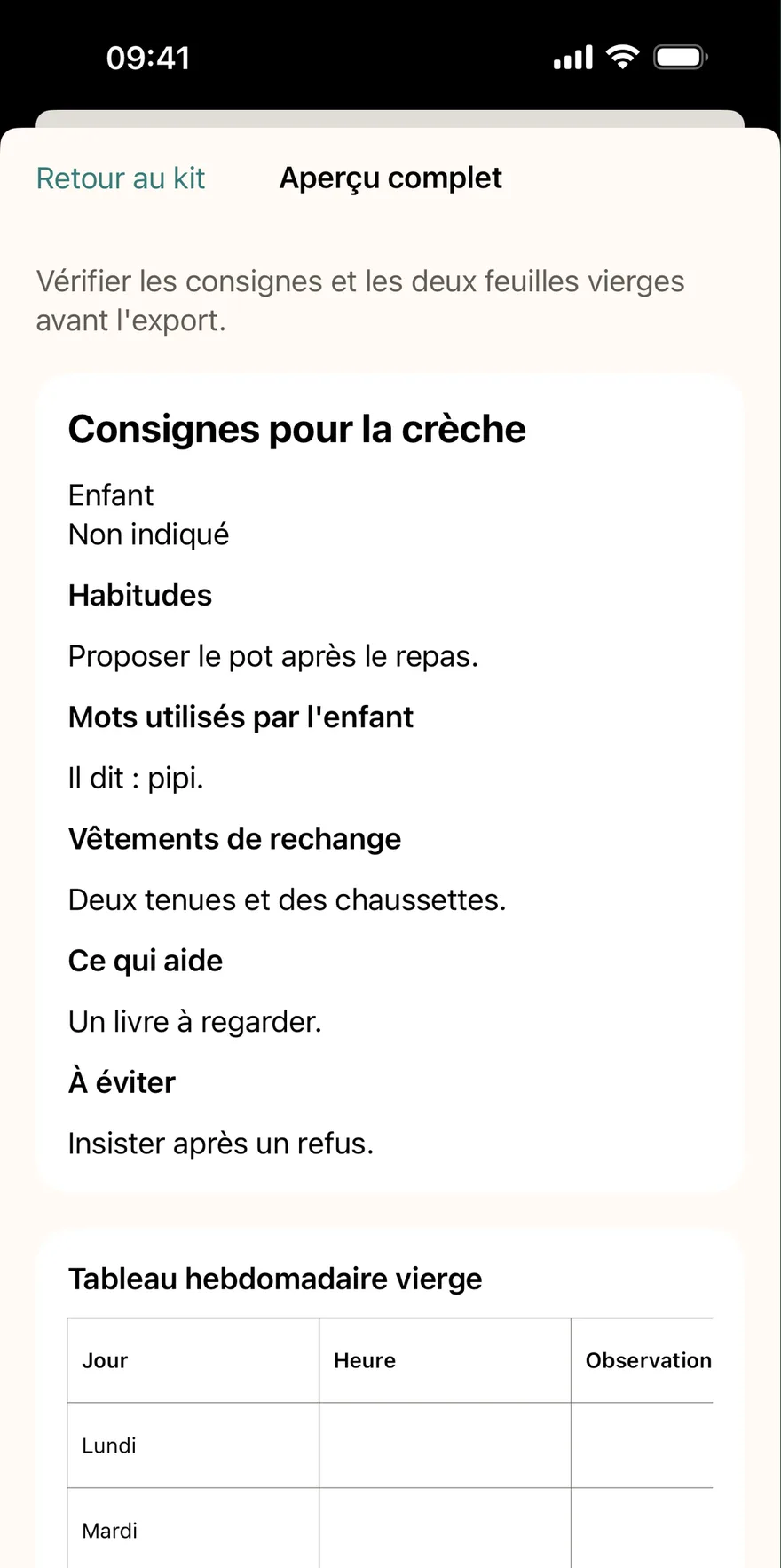 Consignes iPhone : habitudes, mots utilisés par l’enfant, vêtements de rechange, ce qui aide et ce qui est à éviter ; prénom masqué.