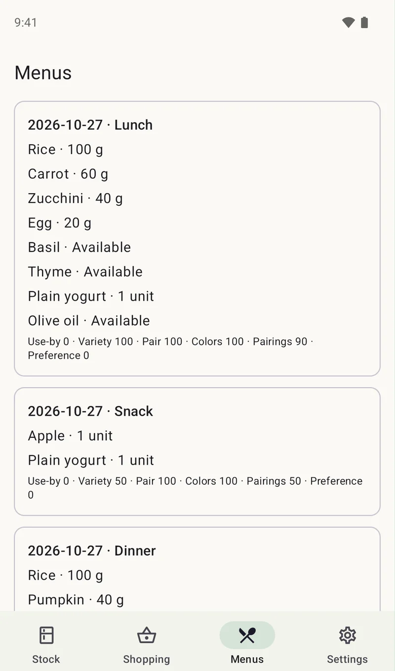 Meal plan preview with rice, carrot, zucchini and egg for lunch, apple for the afternoon snack.