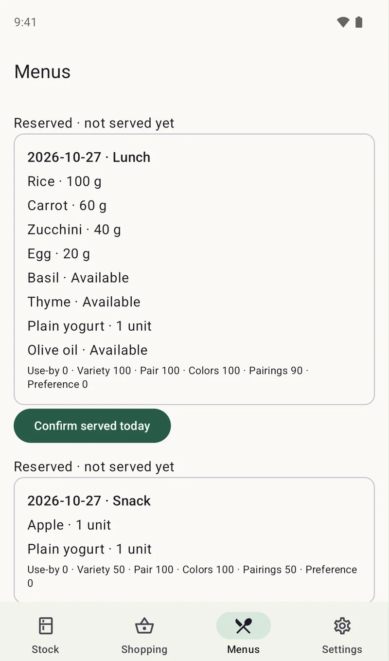 Meal log: reserved lunch with a button to mark it served.