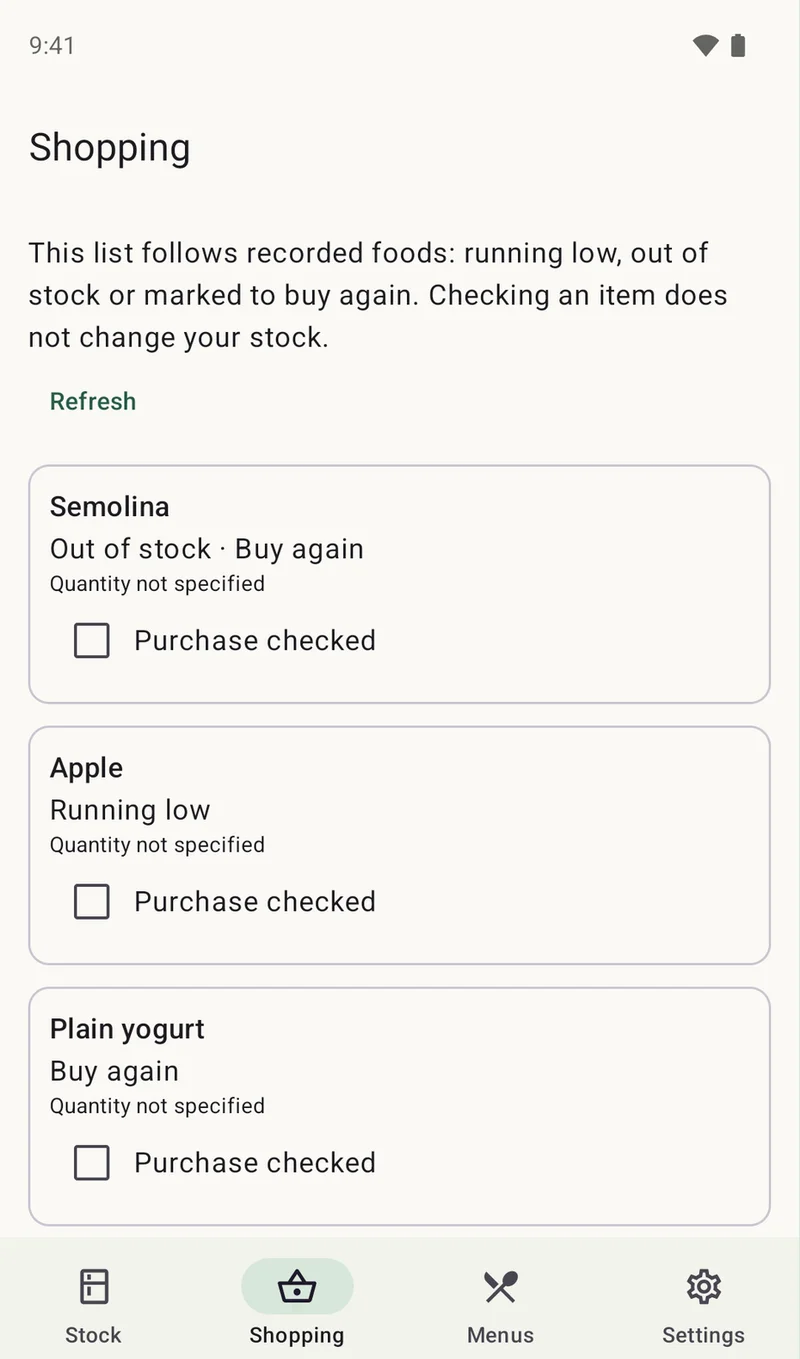 Shopping list: Semolina used up and marked for refill, Apple running low, Plain yogurt marked for refill.