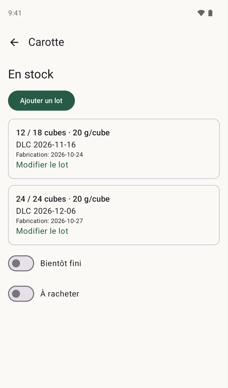 Deux lots de carotte, avec quantités restantes, dates et 20 g par cube.