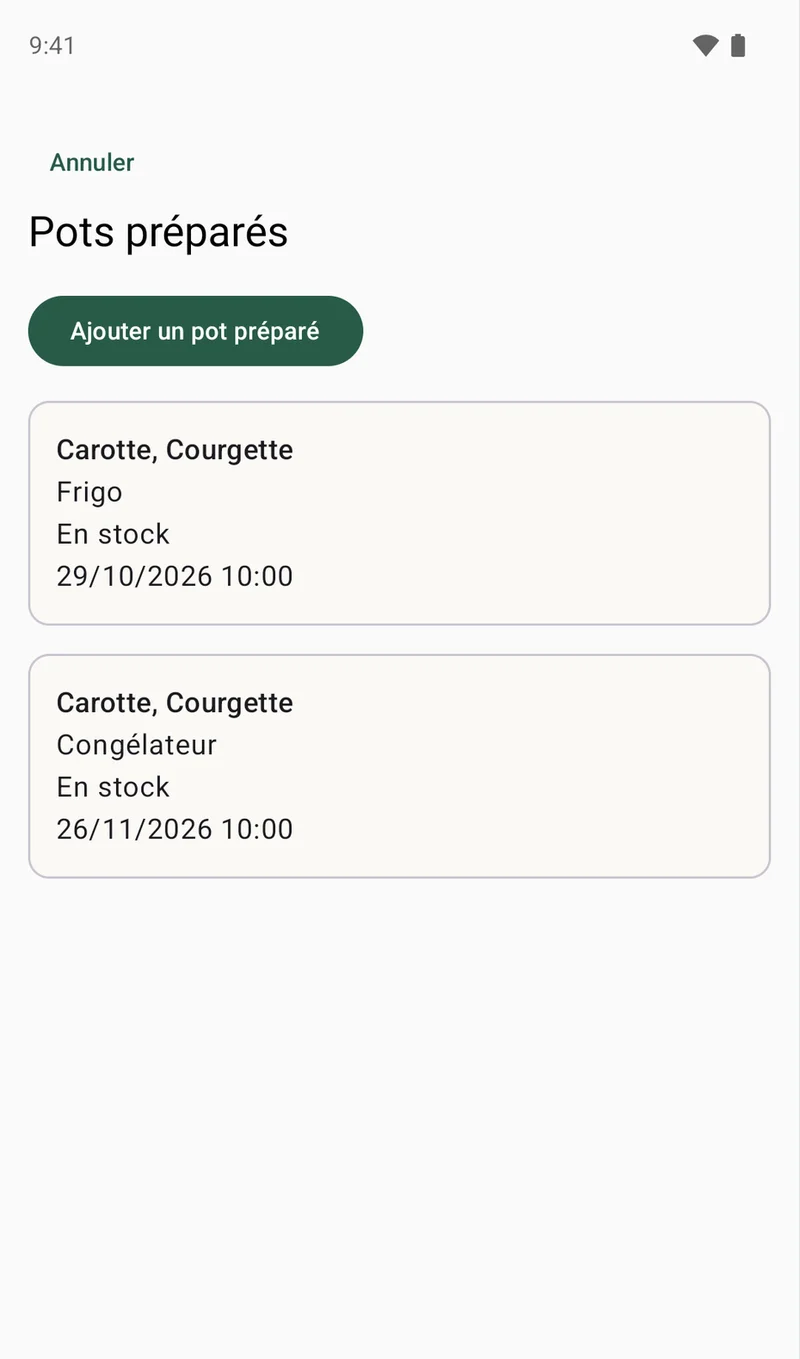Pots carotte-courgette, au frigo et au congélateur.