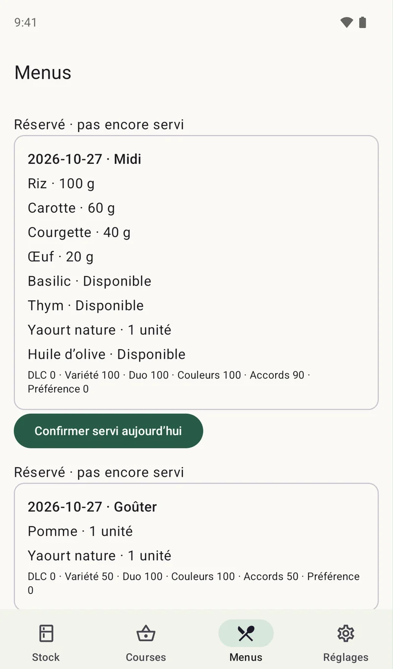 Journal : repas de midi réservé, bouton de confirmation du repas servi.