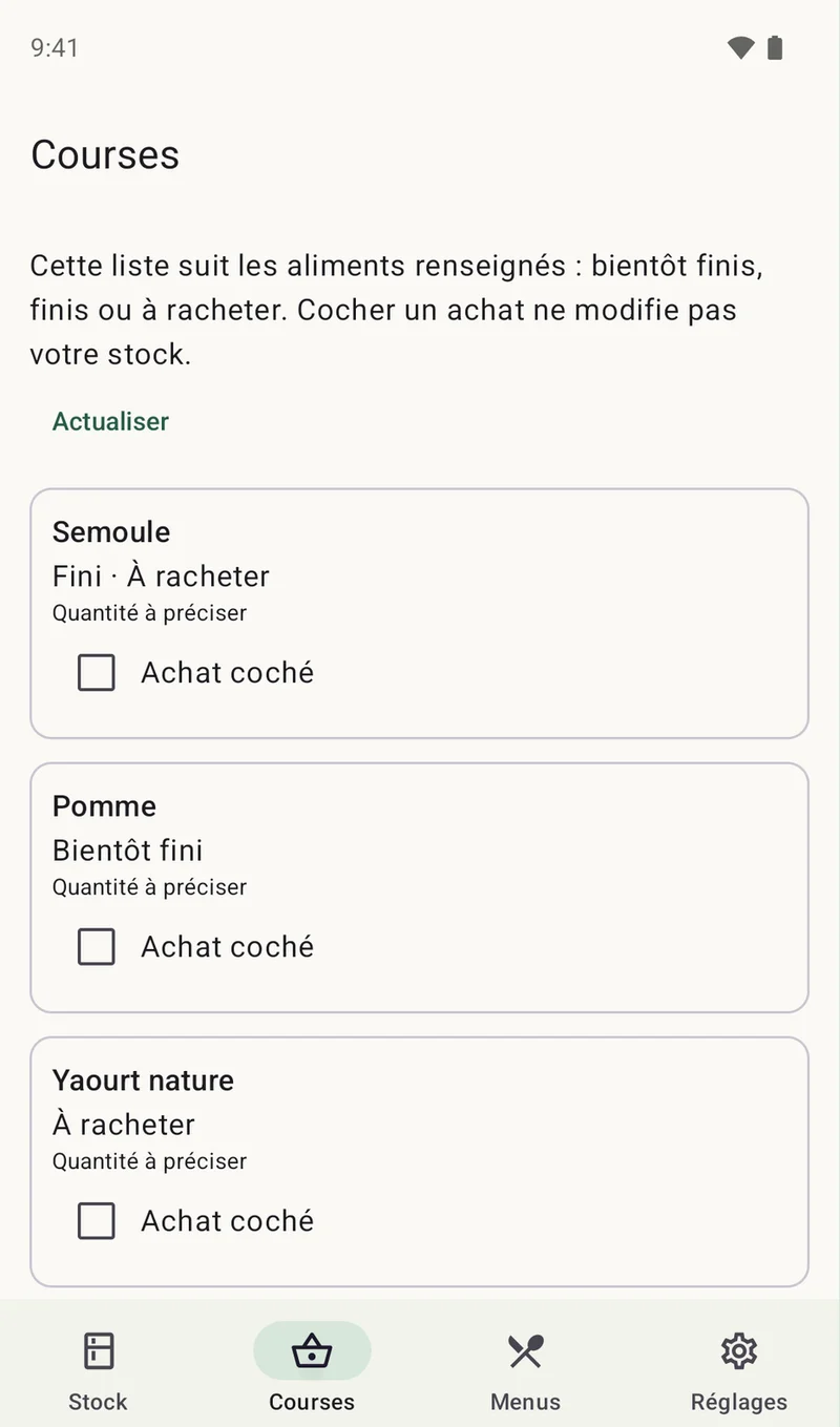 Courses : semoule épuisée et à racheter, pomme bientôt finie, yaourt nature à racheter.