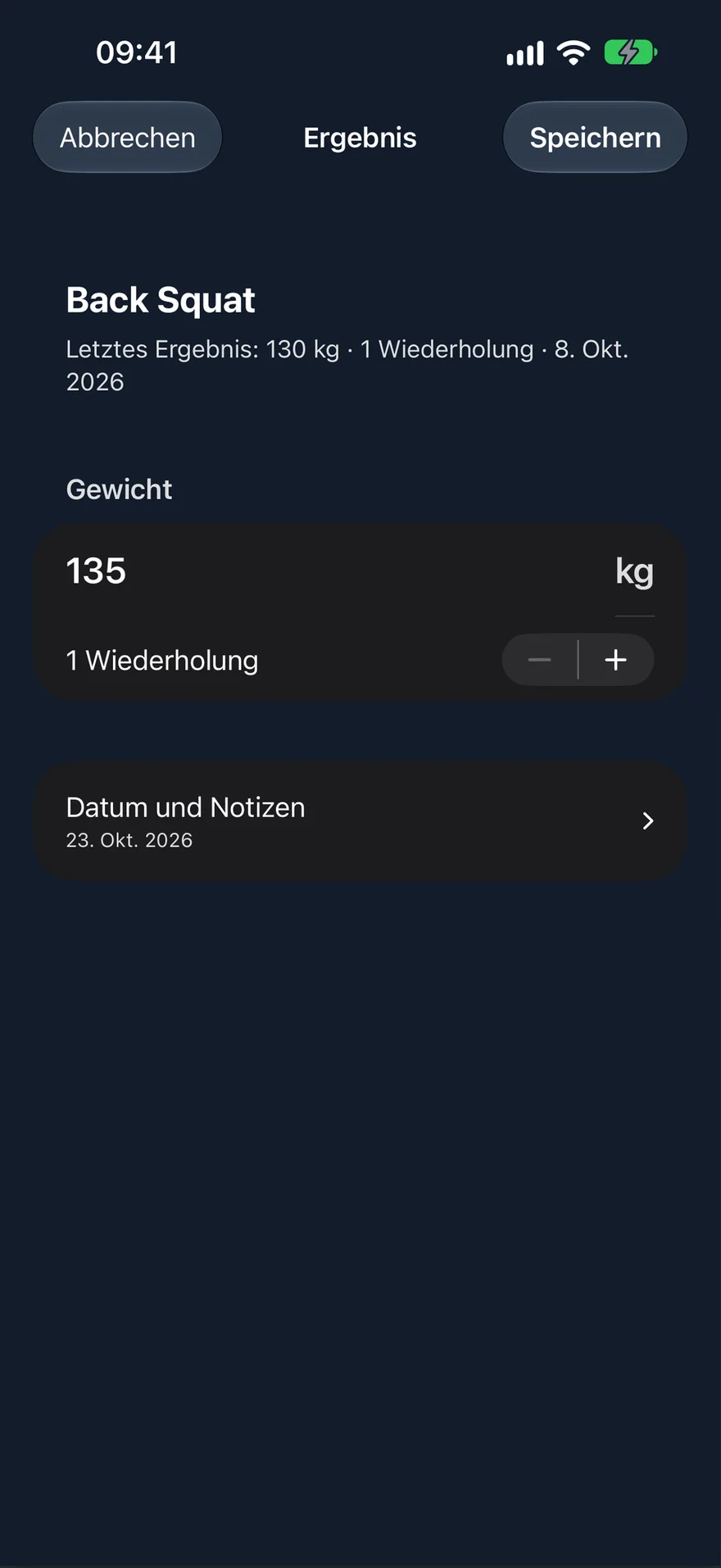 Neues Ergebnis in PRVault erfassen: Datum, 135 kg, 1 RM und optionale Notizen.