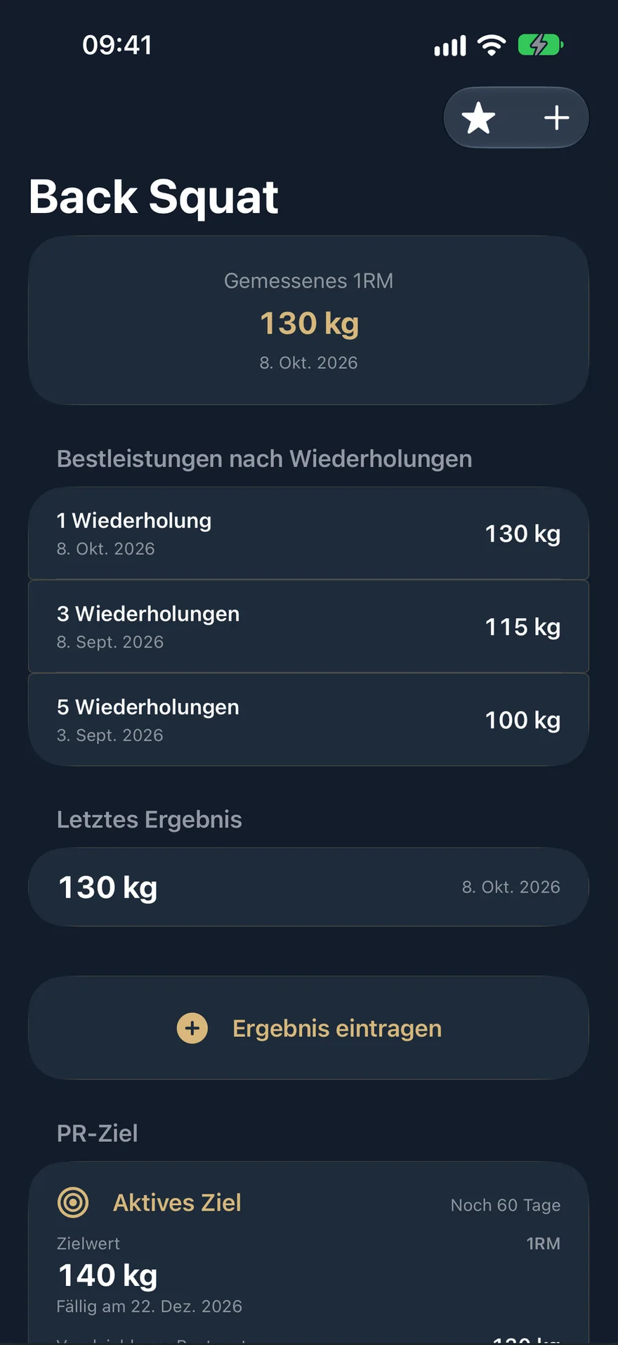 PRVault-Seite für Kniebeugen: gemessenes 1RM von 130 kg, letztes Ergebnis und ein aktives Ziel von 140 kg.