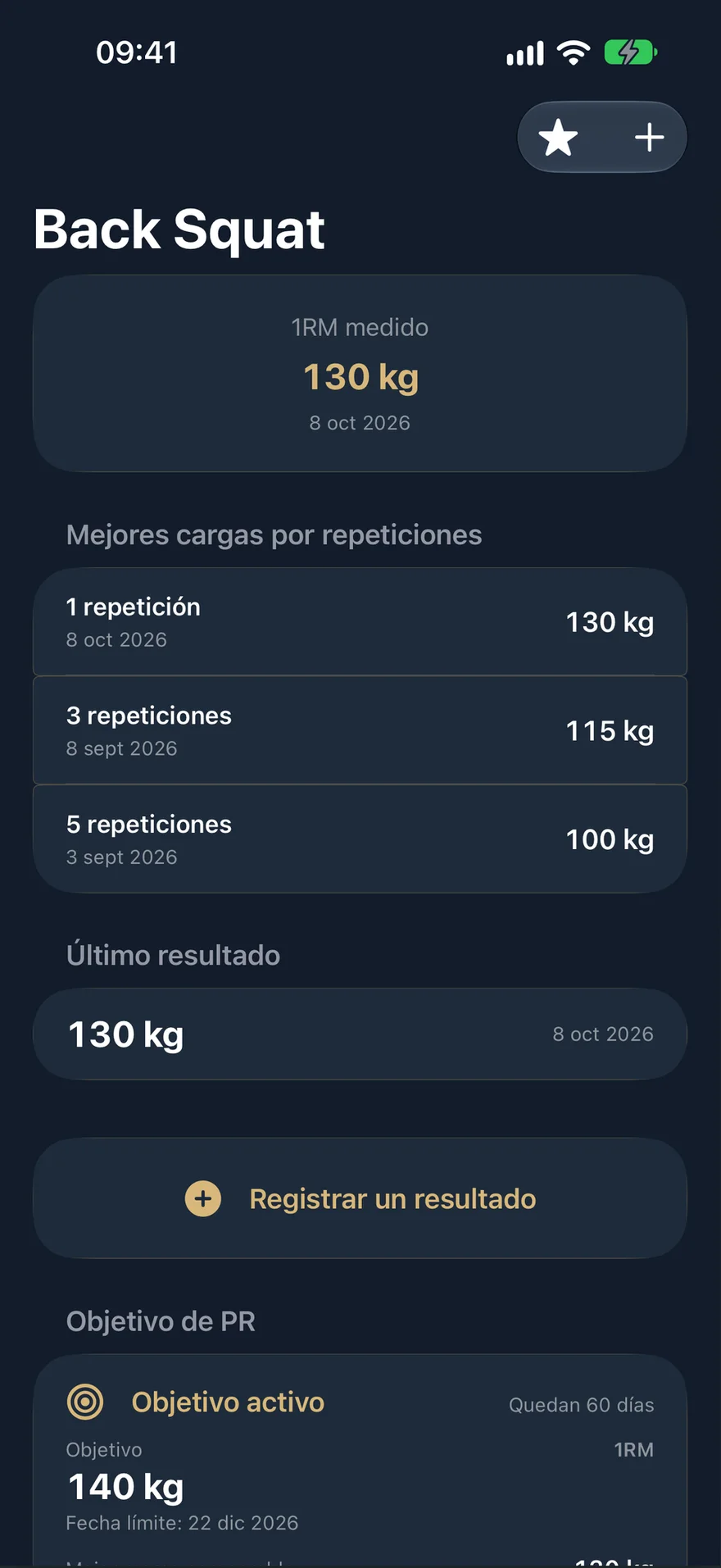 Página de sentadilla trasera en PRVault: 1RM medido de 130 kg, último resultado y un objetivo activo de 140 kg.