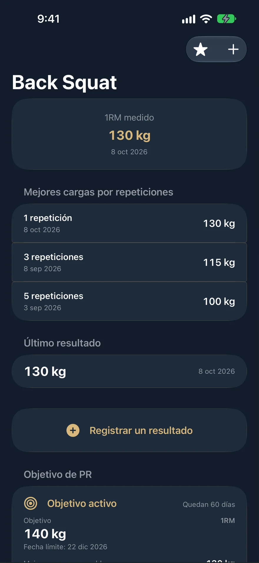 Página de sentadilla trasera en PRVault: 1RM medido de 130 kg, último resultado y un objetivo activo de 140 kg.