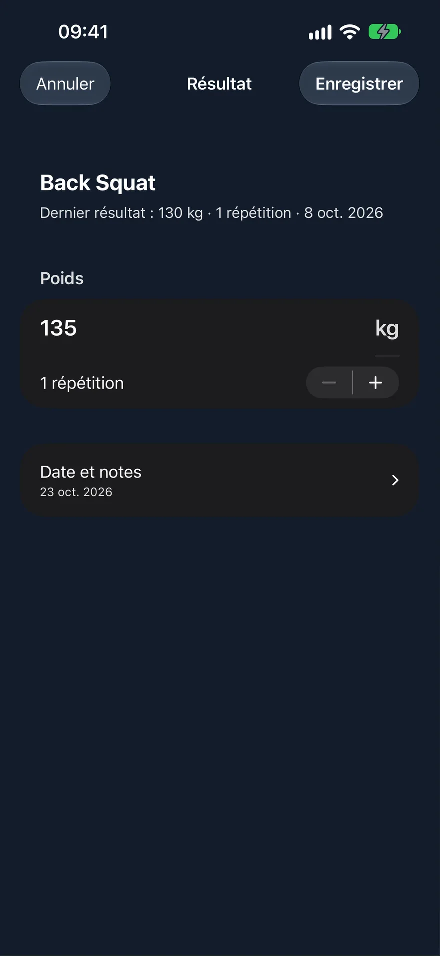 Saisie d'un nouveau résultat dans PRVault : date, 135 kg, 1 RM et notes facultatives.