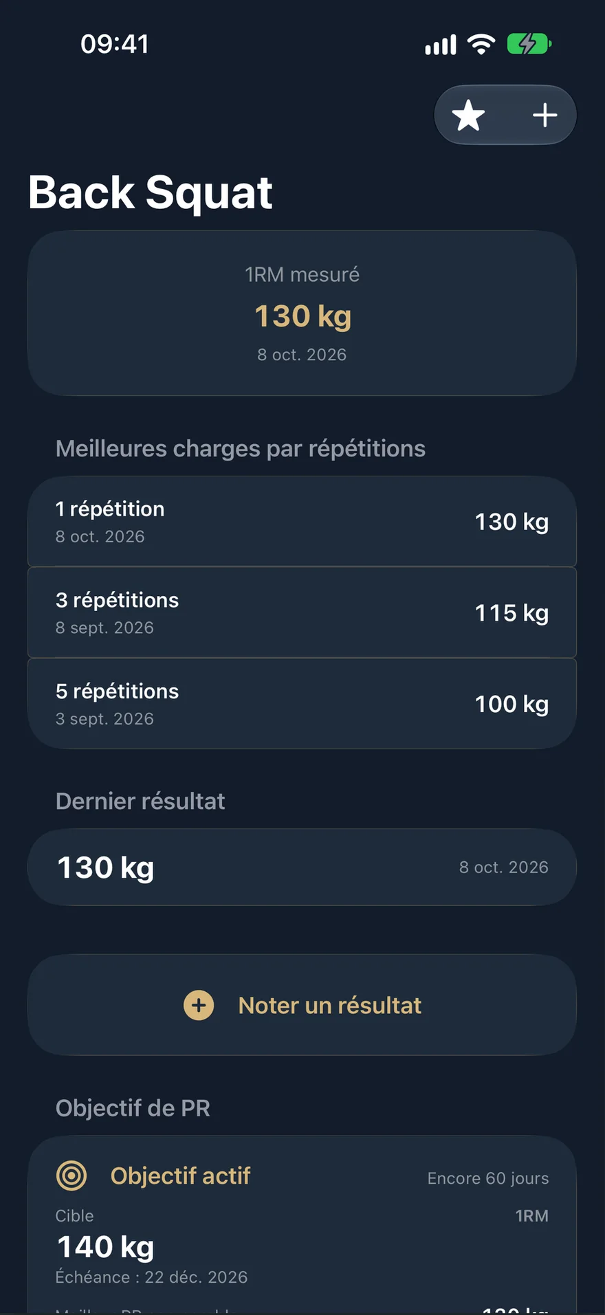 Page du back squat dans PRVault : 1RM mesuré de 130 kg, dernier résultat et objectif en cours de 140 kg.