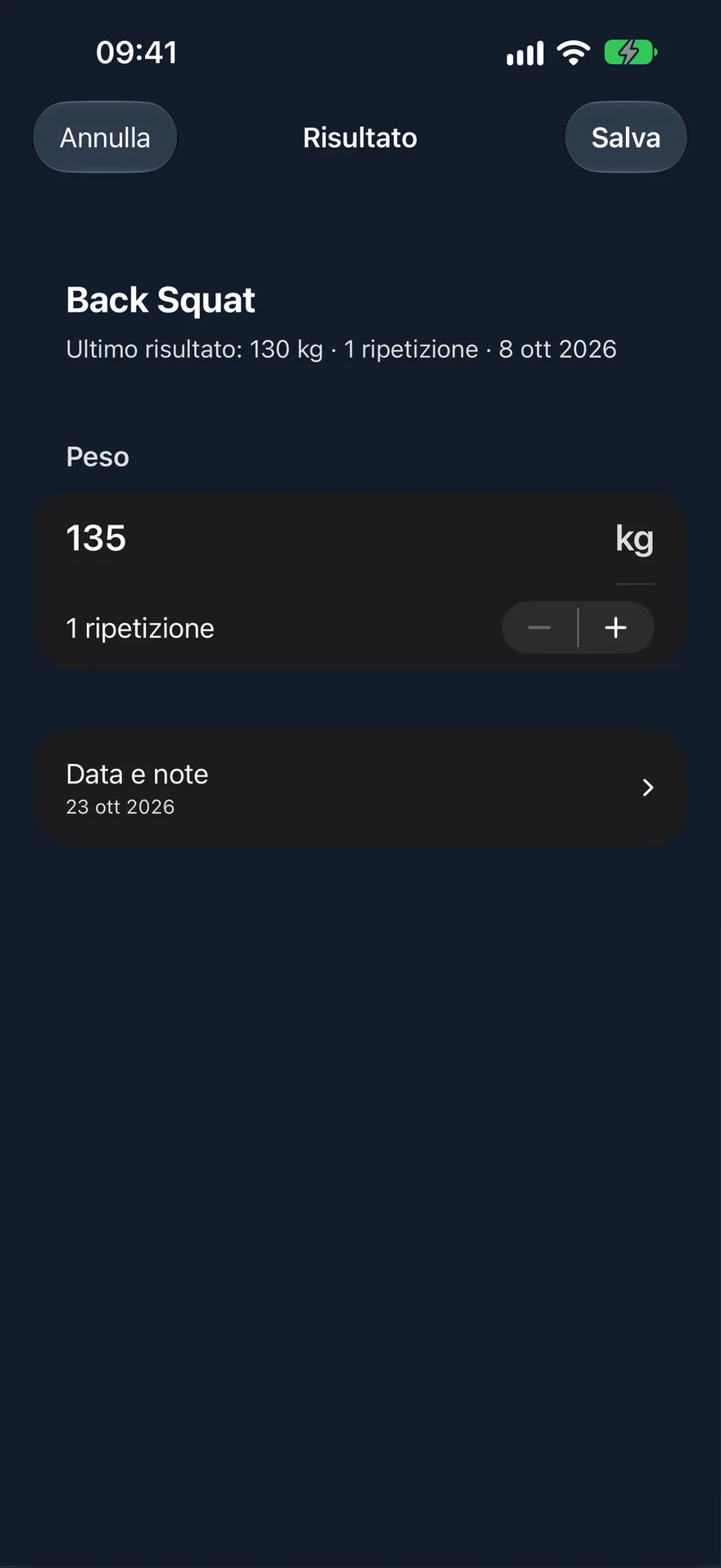 Inserimento di un nuovo risultato in PRVault: data, 135 kg, 1 RM e note facoltative.