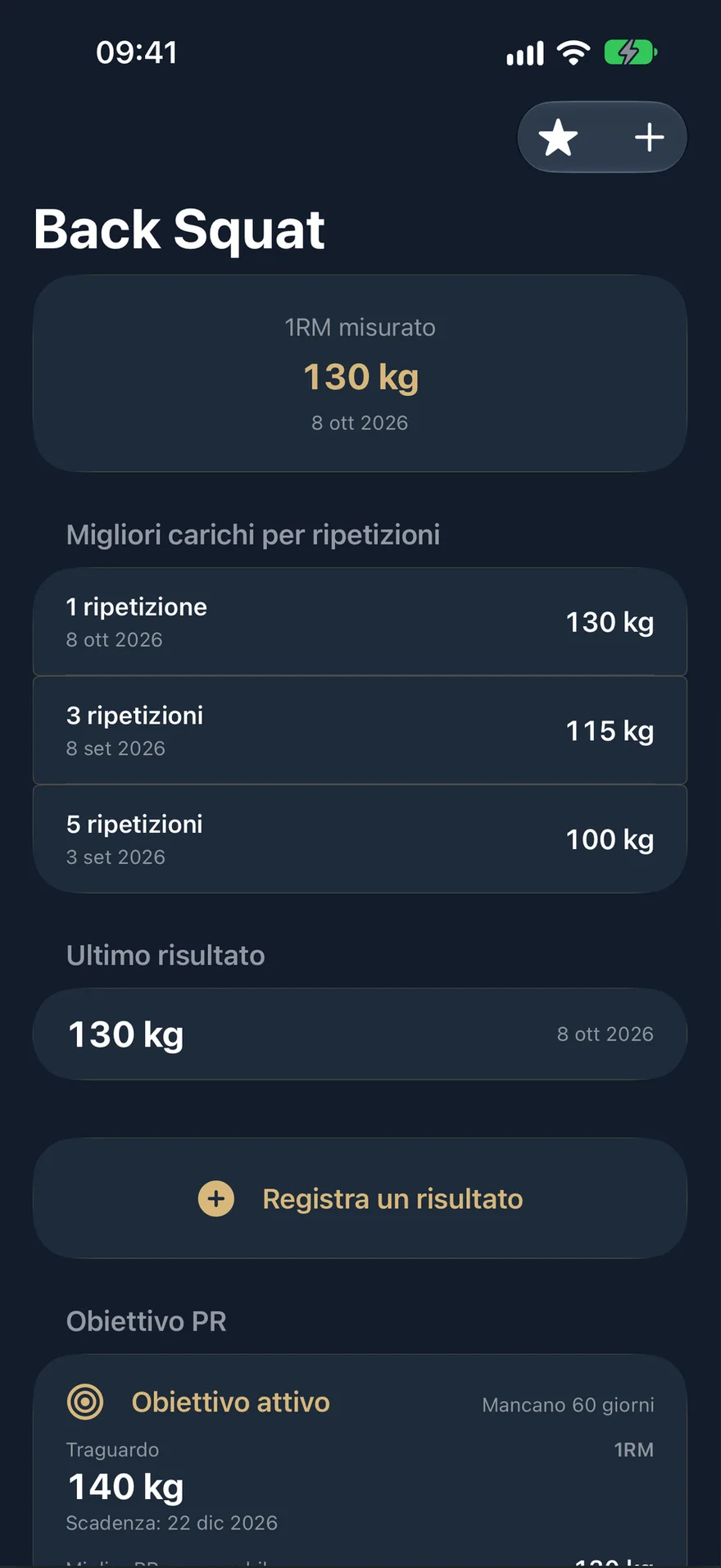 Pagina dello squat in PRVault: 1RM misurato di 130 kg, ultimo risultato e un obiettivo attivo di 140 kg.