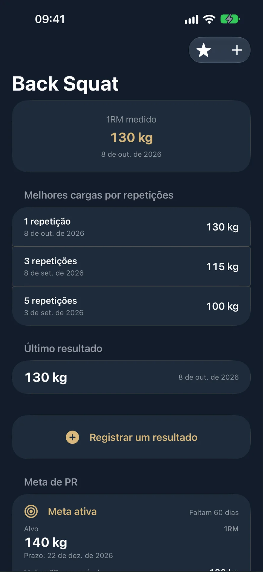 Página do agachamento livre no PRVault: 1RM medido de 130 kg, último resultado e uma meta ativa de 140 kg.