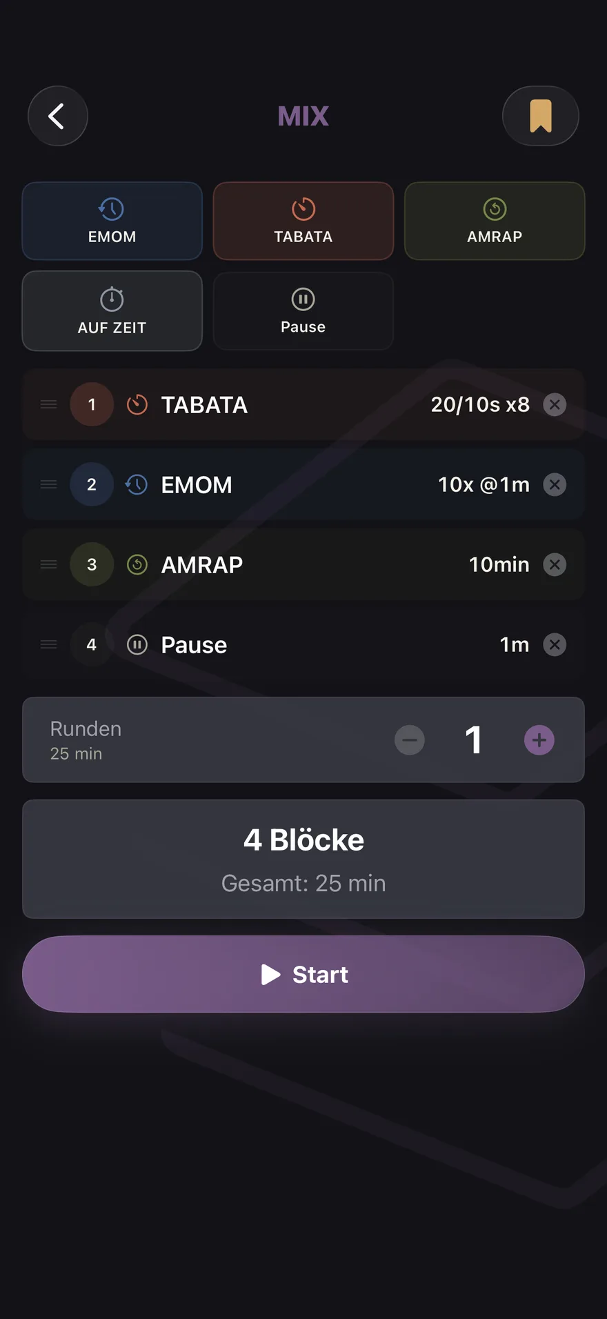 Ein MIX-Zirkel in TempoReps: Tabata, EMOM, AMRAP und Pause, insgesamt 25 Minuten.