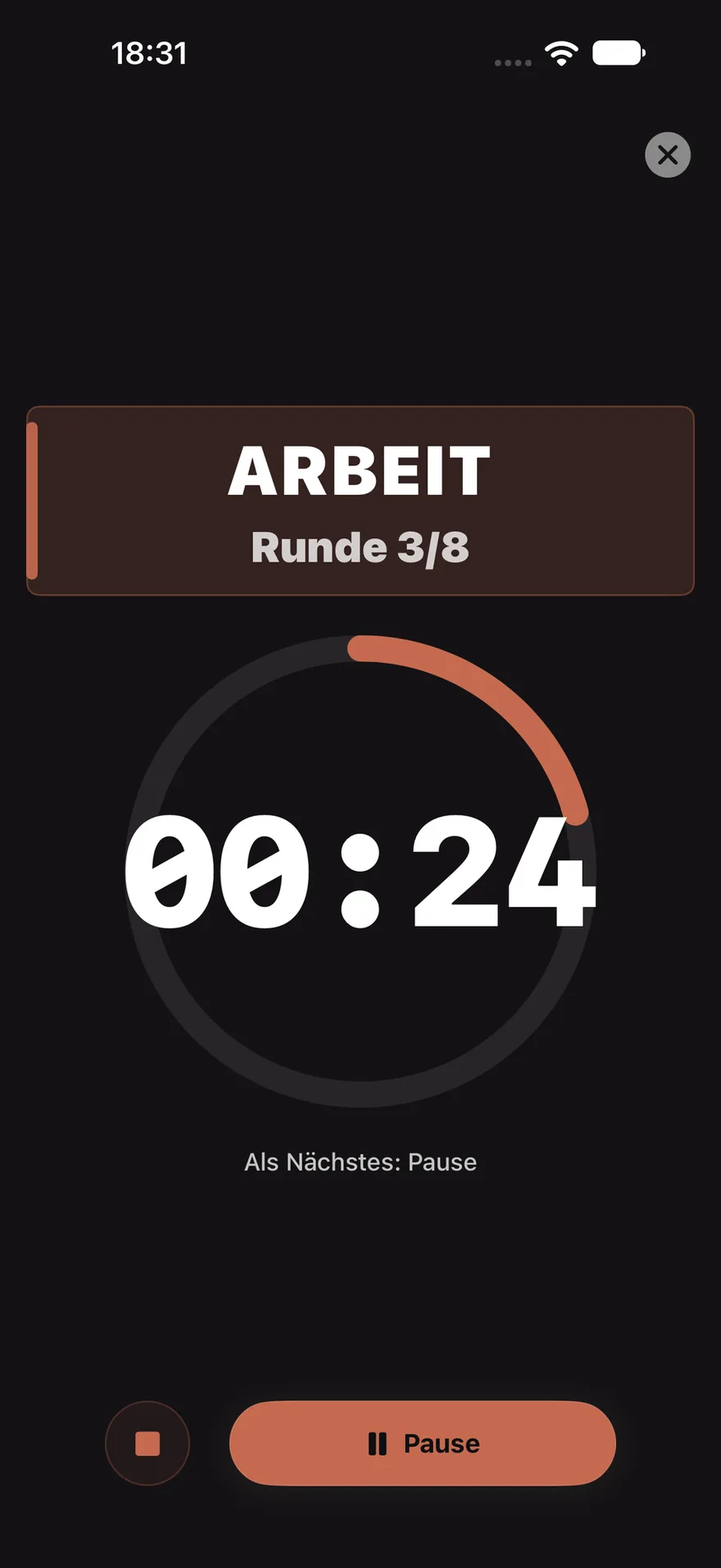 TABATA: Phase, Restzeit, Runde. In großer Schrift.