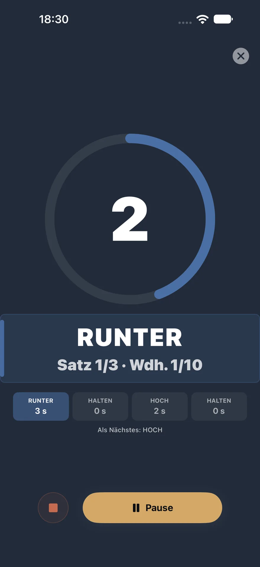 TEMPO 3-0-2-0: RUNTER 3 s, HALTEN 0 s, HOCH 2 s, HALTEN 0 s