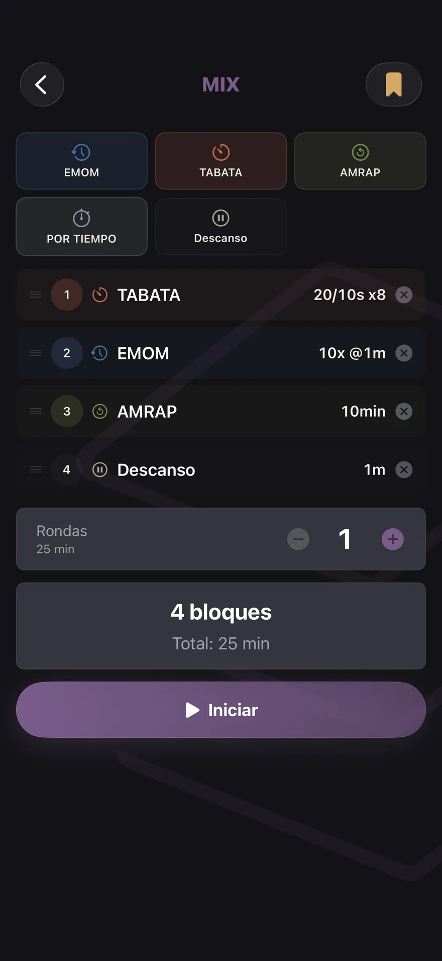 Un circuito MIX en TempoReps: Tabata, EMOM, AMRAP y descanso, 25 minutos en total.