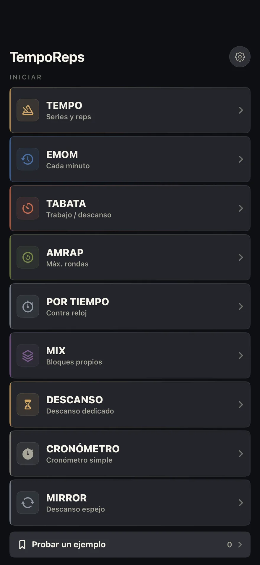 La pantalla de inicio de TempoReps con los nueve modos de timer.