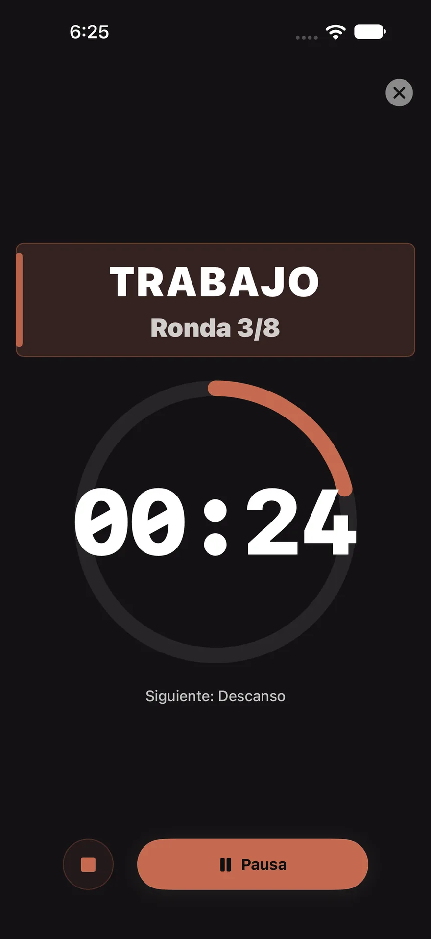 TABATA: Fase, tiempo restante y ronda, en grande.