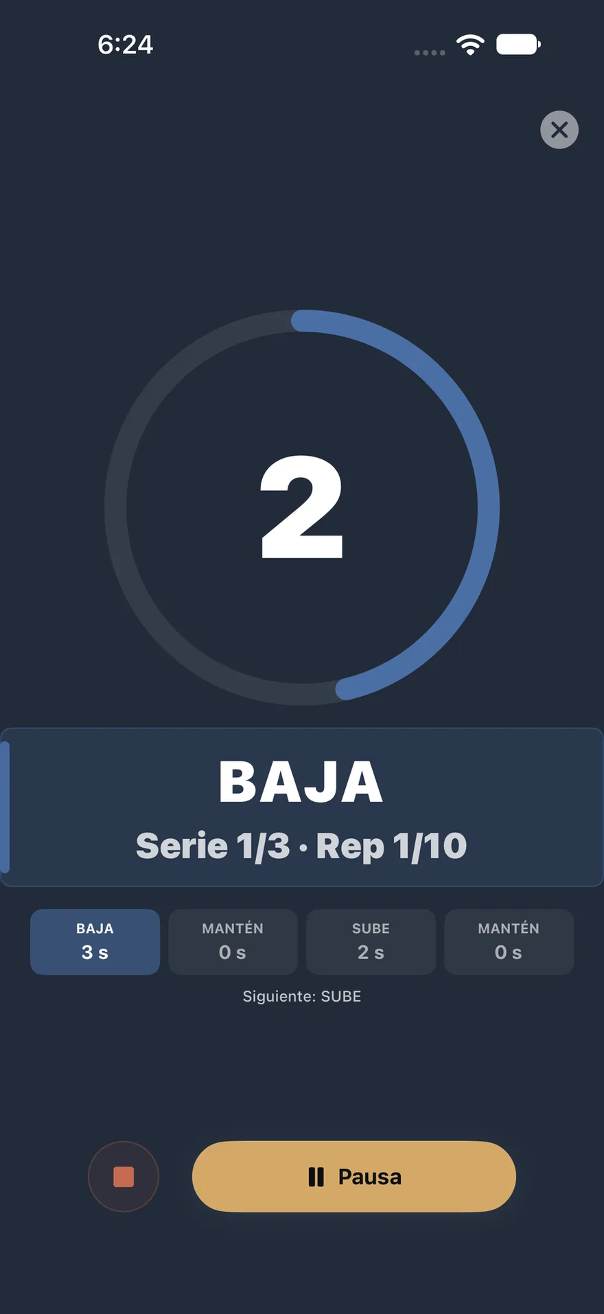 TEMPO 3-0-2-0: BAJA 3 s, MANTÉN 0 s, SUBE 2 s, MANTÉN 0 s