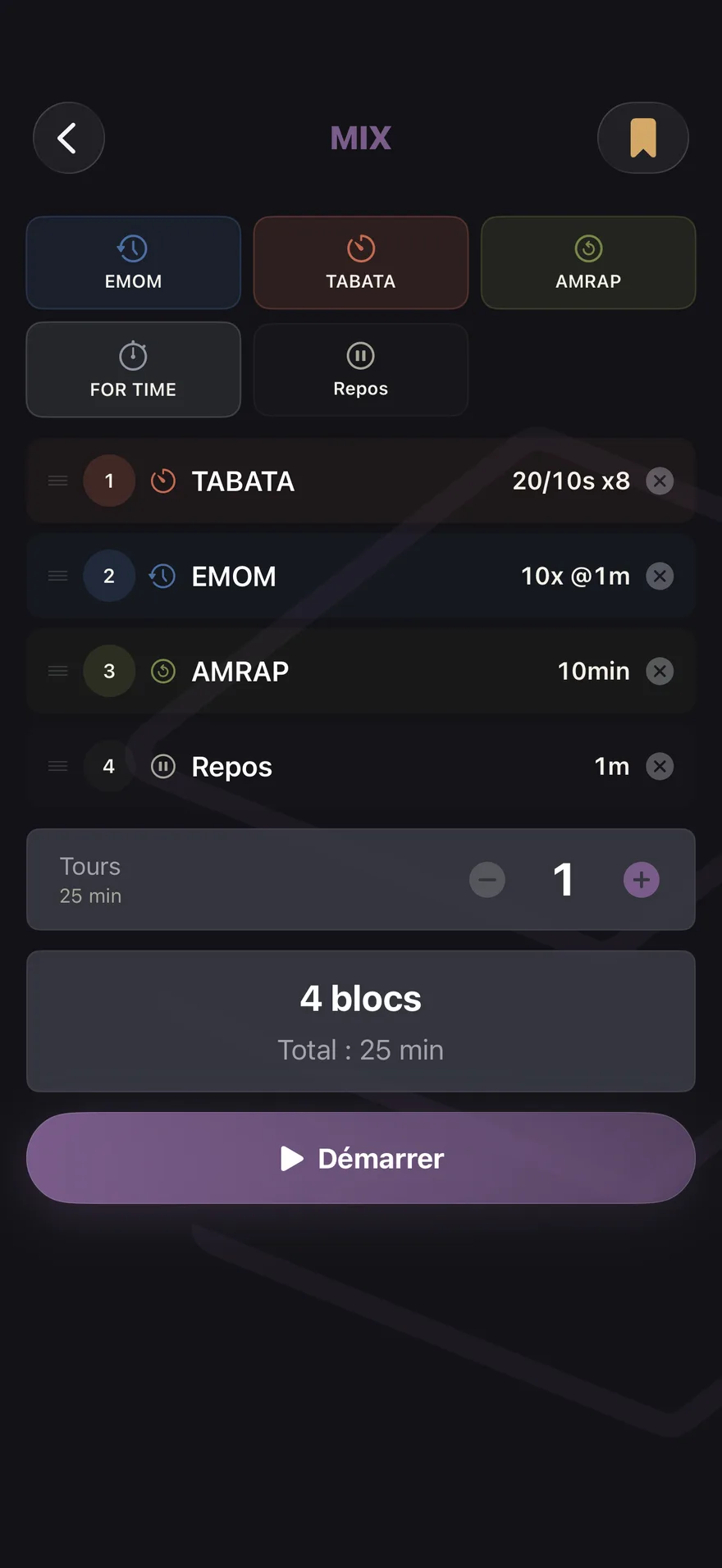 Un circuit MIX dans TempoReps : Tabata, EMOM, AMRAP et repos, 25 minutes au total.