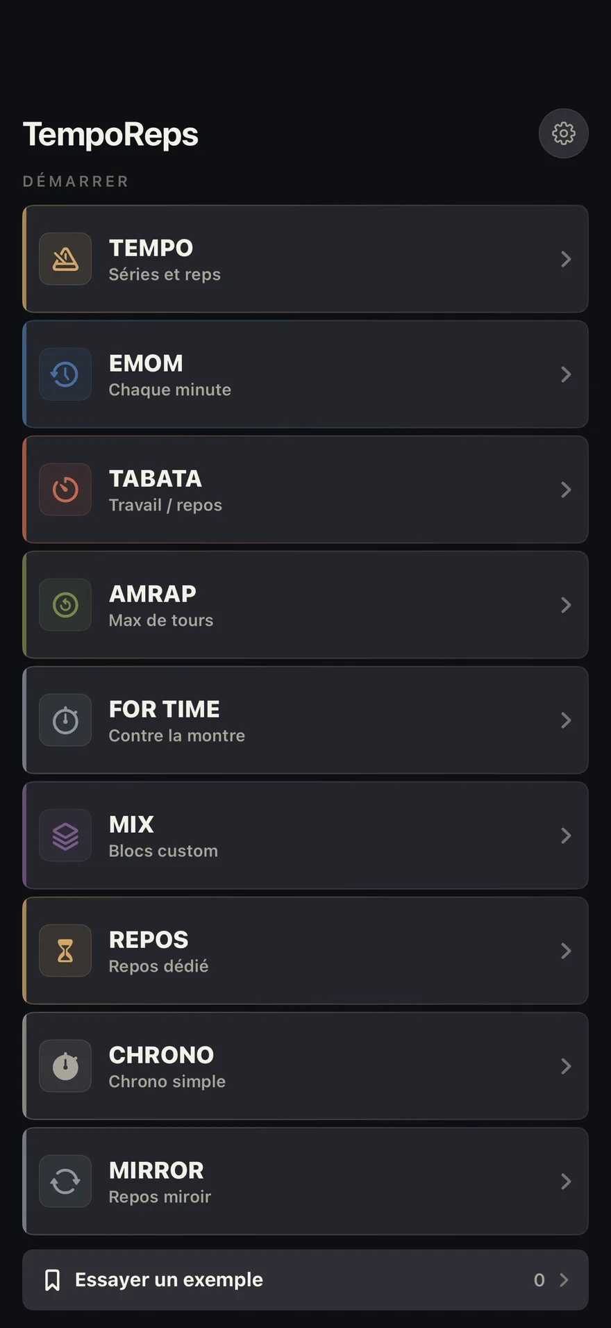 L'écran d'accueil de TempoReps avec les neuf modes de minuteur.